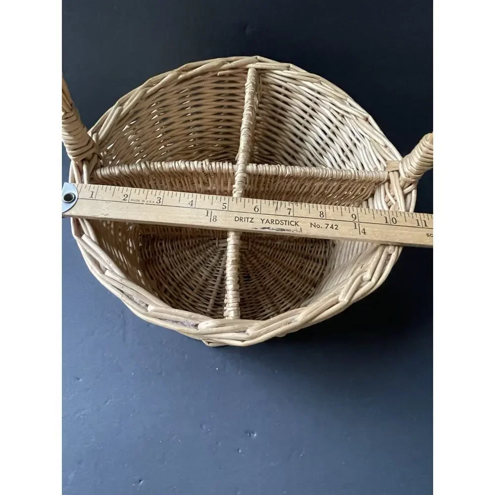 Vintage Wine Bottle Basket Sectioned Holder Wicker Straw Handle Picnic Cocktail